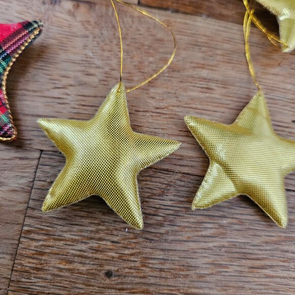 Vintage 80s 90s Red Plaid Golden Puffy Fabric Star Small Christmas Ornaments Set - Picture 2 of 4